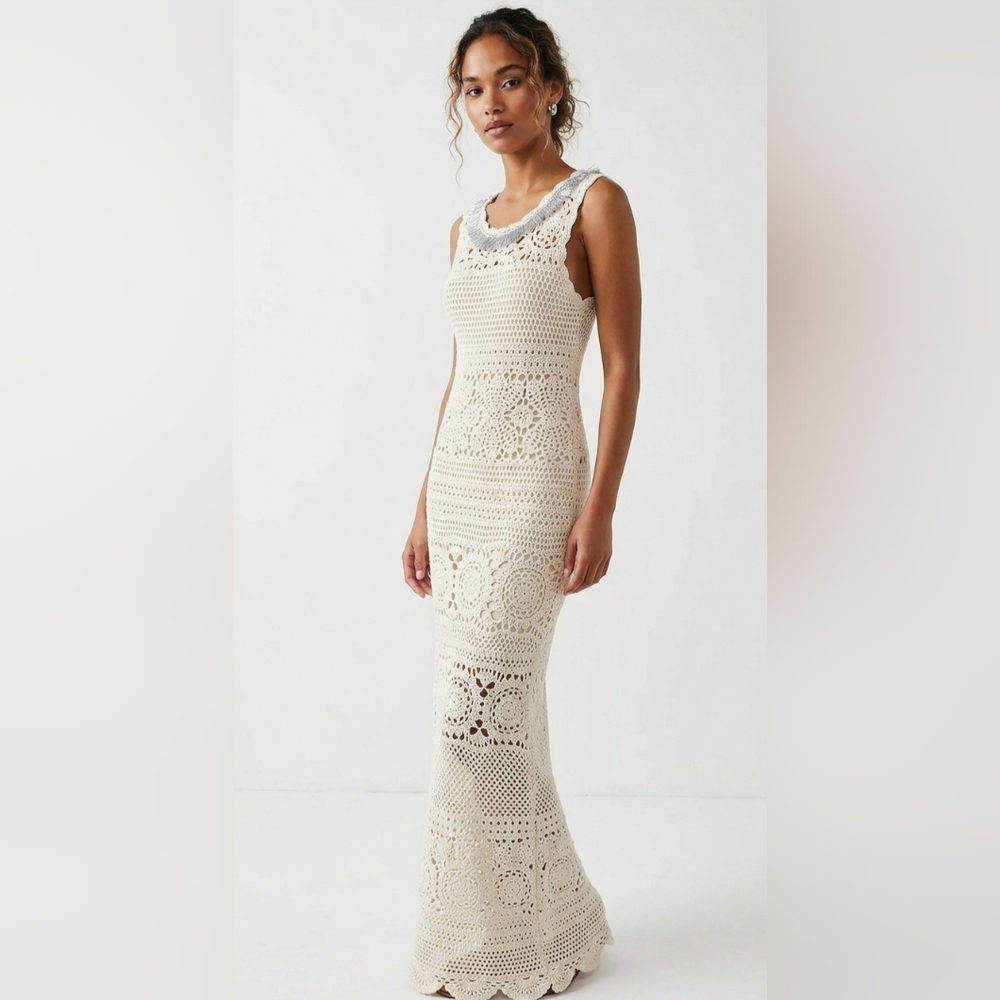 NWT Elie Tahari Vara Crochet Knit Maxi in Antique White Lace-up Back Dress S